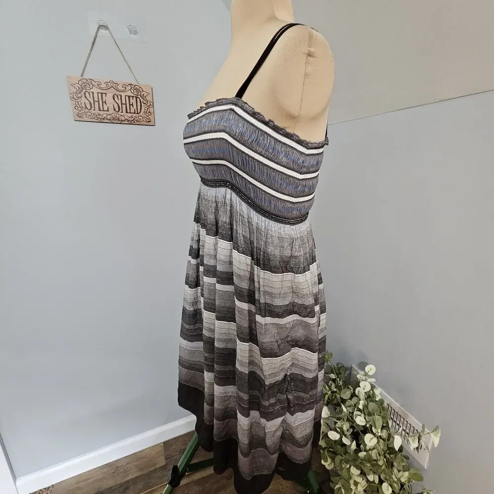 Max Studio Dress Womens Small Striped Boho Smocked Midi Black Gray Beach Coastal